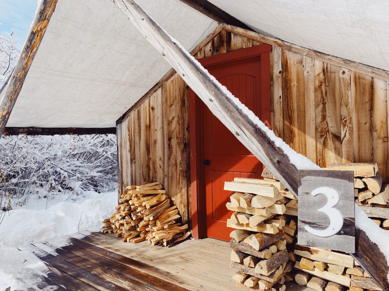 glamping tent firewood outdoors snow camping glamping